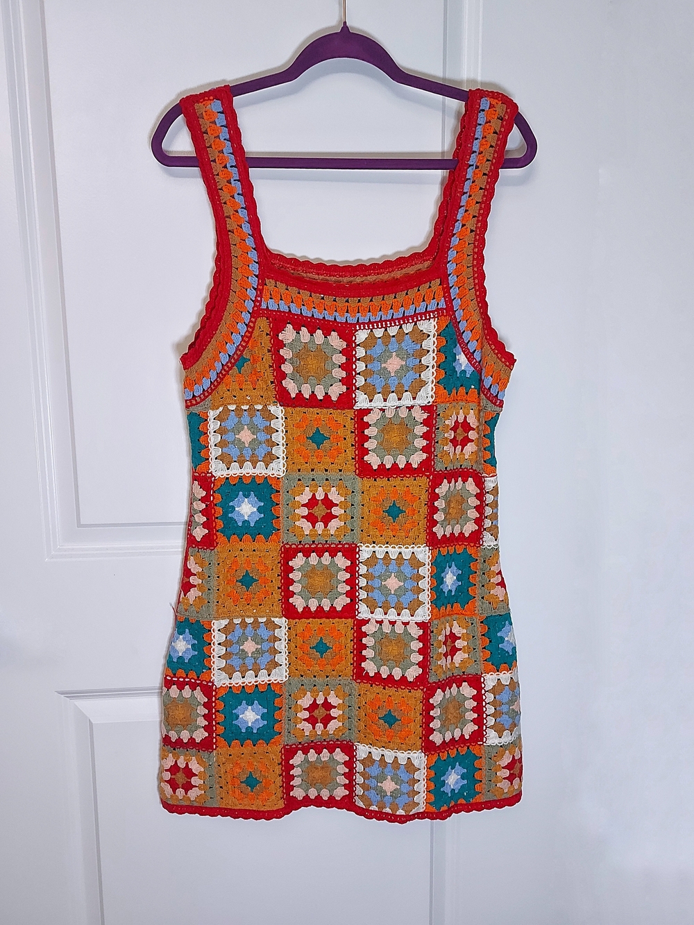 TALULAH Multicolor Crochet Mini Dress — Red, Orange, Teal, Cream